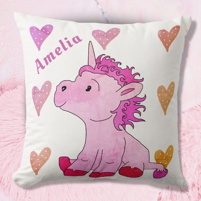 Cute Pink Unicorn and Hearts Girly Name Cushion (Creator Uploaded)