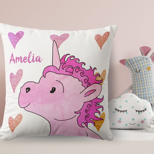 Cute Pink Unicorn and Hearts Girly Name Cushion (Creator Uploaded)