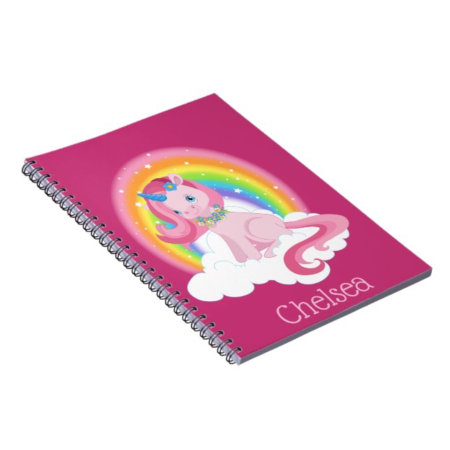 Cute Pink Unicorn and Rainbow Personalised Spiral Notebook (Right Side)