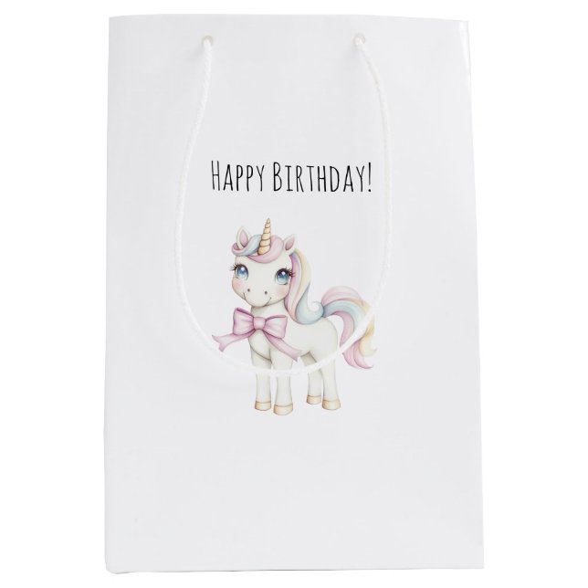 Cute Pink Unicorn Birthday Medium Gift Bag (Front)