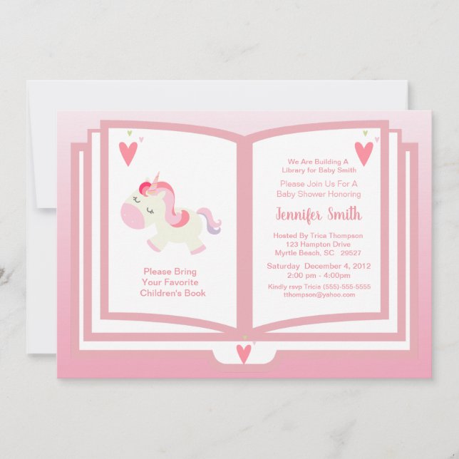 Cute Pink Unicorn Book Theme Girls Baby Shower Invitation (Front)