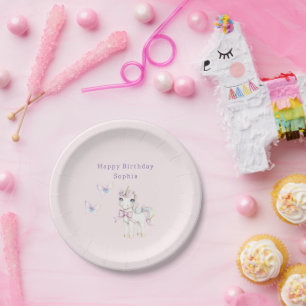 Cute Pink Unicorn Butterflies Birthday Paper Plate
