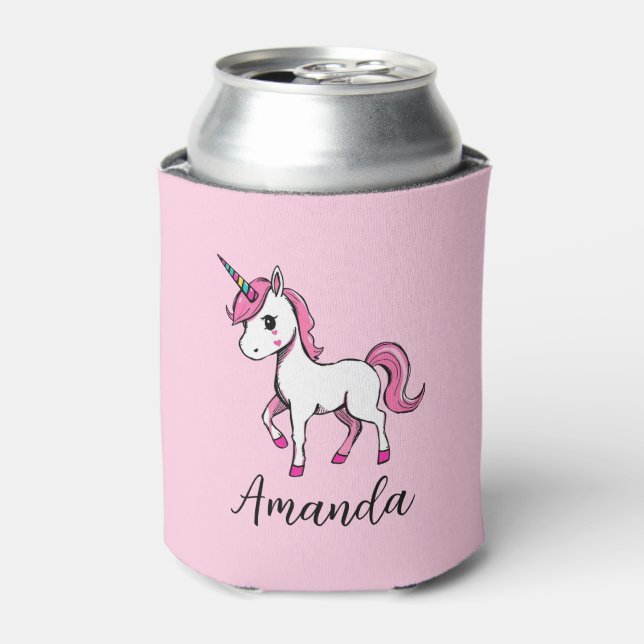 Cute Pink Unicorn Cartoon Name Can Cooler (Can Front)