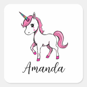 Cute Pink Unicorn Cartoon Name Square Sticker