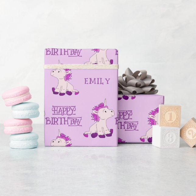 Cute Pink Unicorn Drawing Pattern Happy Birthday Wrapping Paper (Baby Shower)