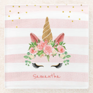 Cute Pink Unicorn Face with Flowers Glass Coaster