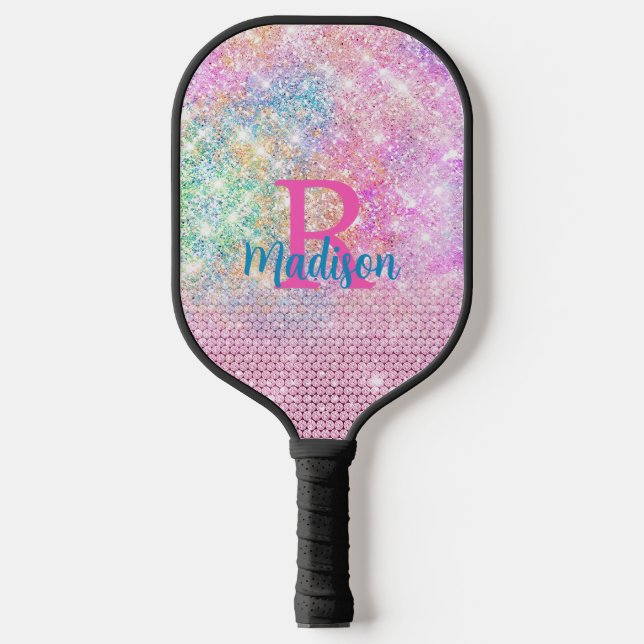 Cute Pink unicorn faux glitter monogram Pickleball Paddle (Front)