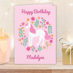 Cute Pink Unicorn Flowers Personalised Birthday Card