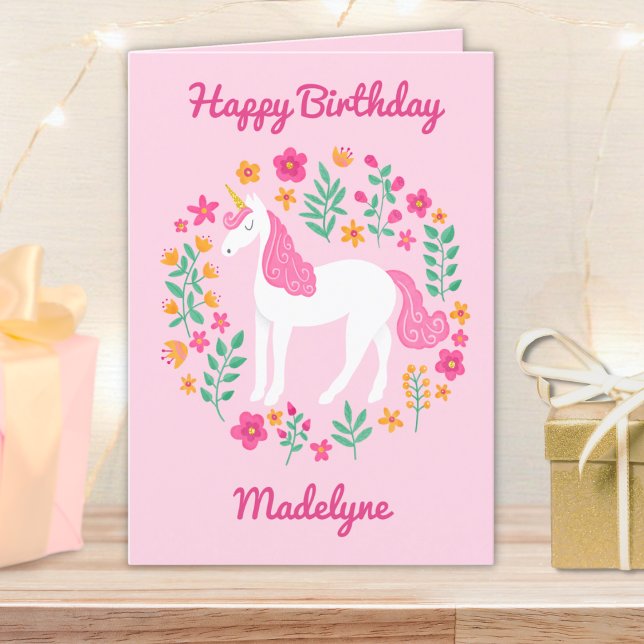 Cute Pink Unicorn Flowers Personalised Birthday Card (Creator Uploaded)