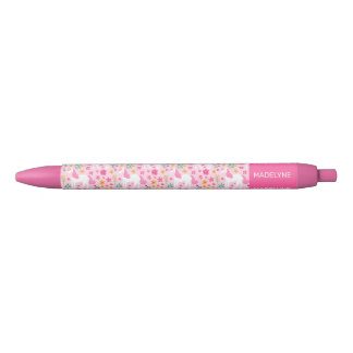 Cute Pink Unicorn Flowers Personalised Name Black Ink Pen