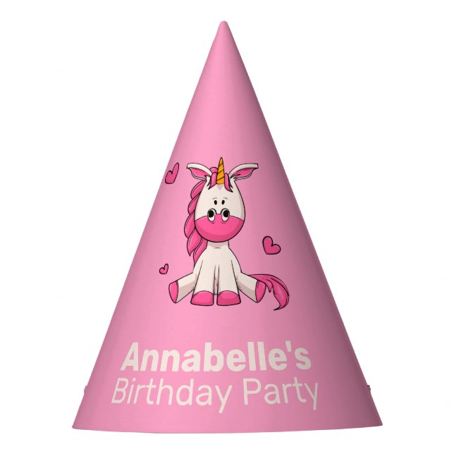 Cute Pink Unicorn Girl Birthday Party Hat (Front)