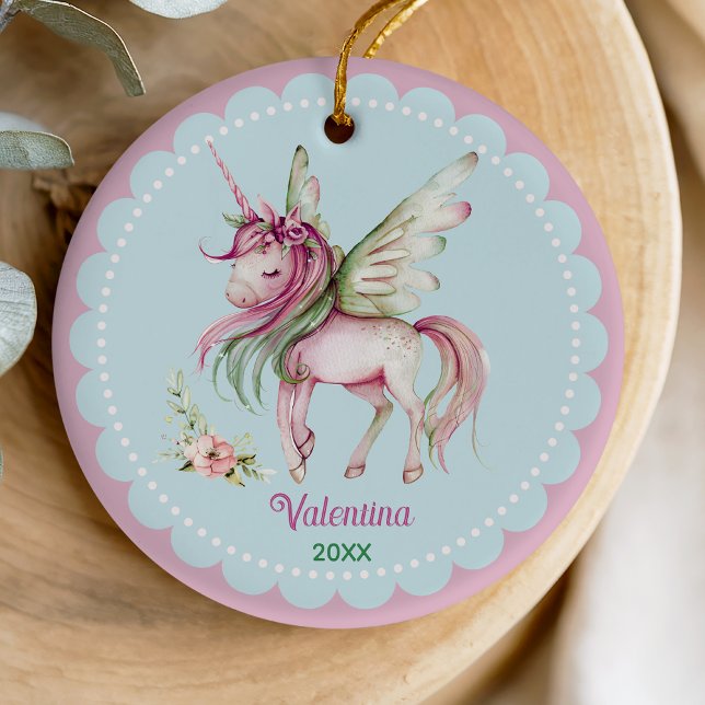 Cute pink unicorn girl holiday keepsake ceramic tree decoration (Creator Uploaded)