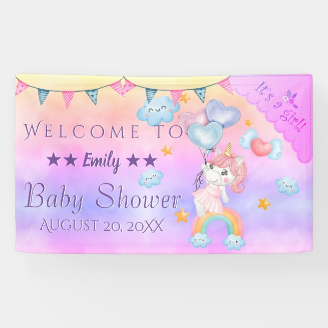 Cute Pink Unicorn Girl With Hearts Balloons Banner (Horizontal)