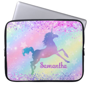 Cute pink unicorn Glitter rainbow art monogram Laptop Sleeve