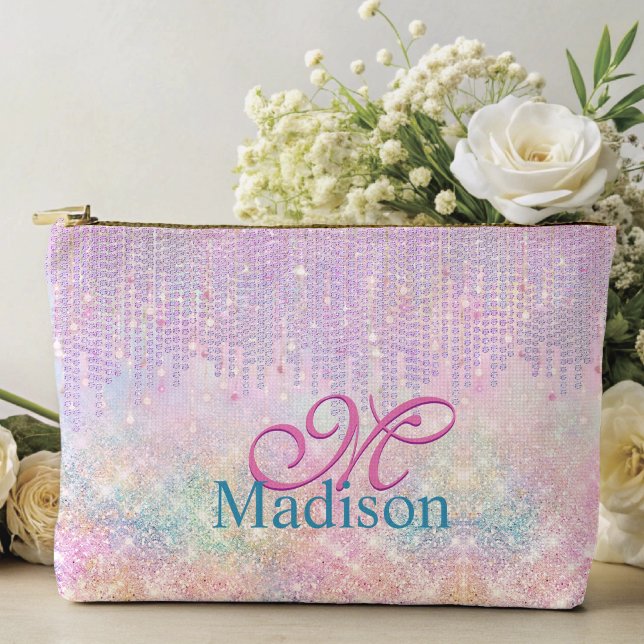 Cute Pink Unicorn Glitter rhinestone Drip monogram Accessory Pouch (Creator Uploaded)