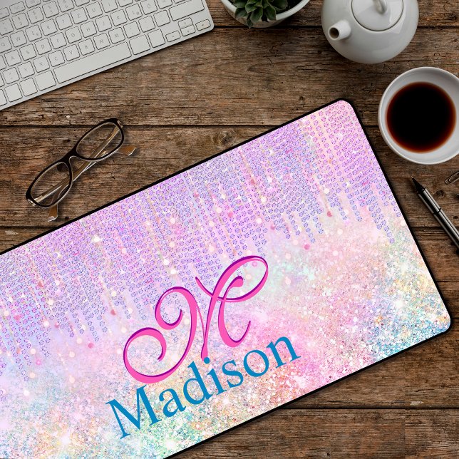 Cute Pink Unicorn Glitter rhinestone Drip monogram Desk Mat (Creator Uploaded)