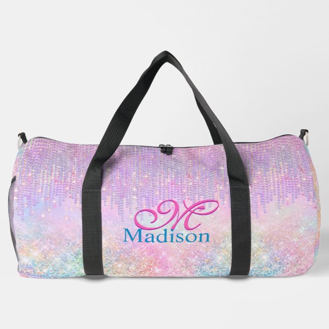 Cute Pink Unicorn Glitter rhinestone Drip monogram Duffle Bag (Back)