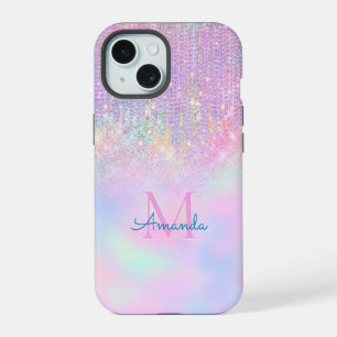 Cute Pink Unicorn Glitter rhinestone Drip monogram iPhone 15 Case