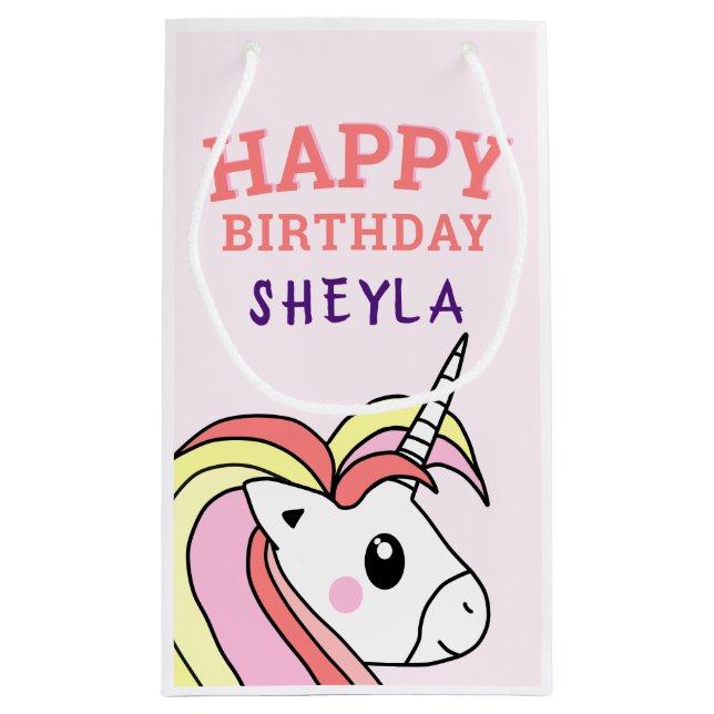 Cute Pink Unicorn Happy Birthday Kids Name Small G Gift Bag (Back)