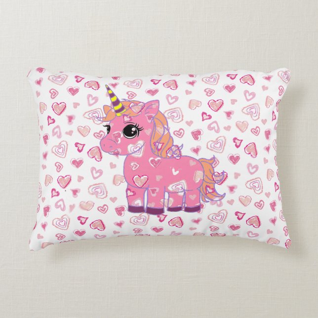 Cute Pink Unicorn Hearts Accent Pillow  (Front)