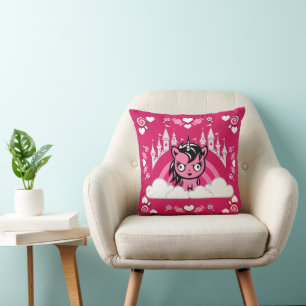 Cute Pink Unicorn Land And Castle  Cushion