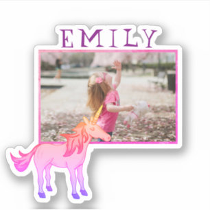 Cute Pink Unicorn Name and Photo Kids Sticker