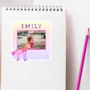 Cute Pink Unicorn Name Photo Kids Sticker