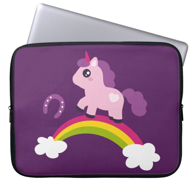 Cute Pink Unicorn on a Rainbow Laptop Sleeve (Front)