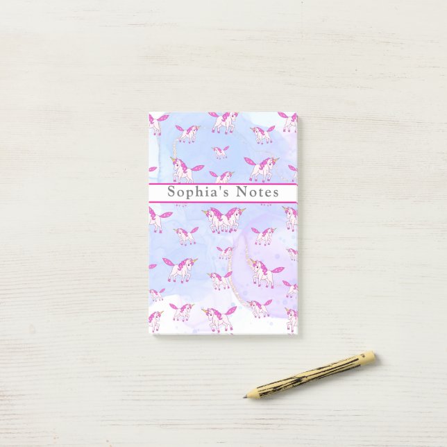 Cute pink unicorn pattern personalised name post-it notes (On Desk)