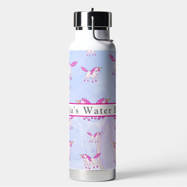 Cute pink unicorn pattern personalised name water bottle (Left)