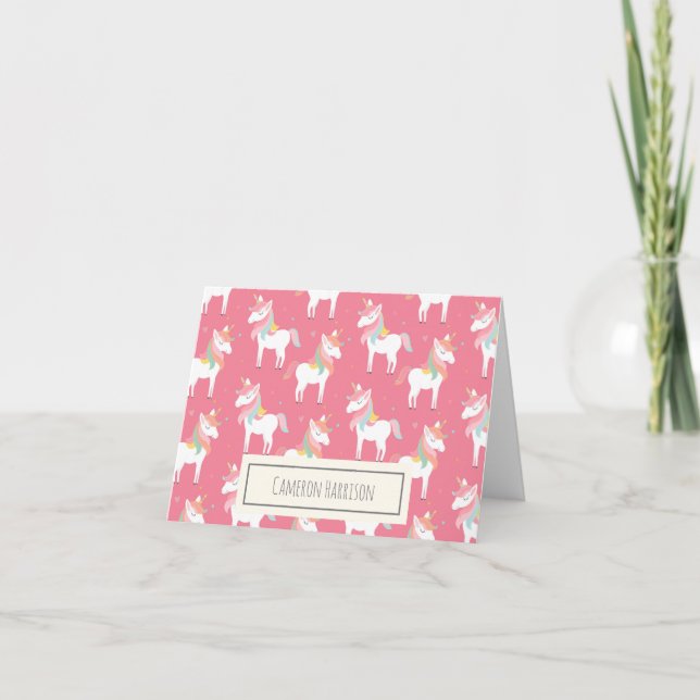Cute Pink Unicorn Pattern Personalised Note Card (Front)