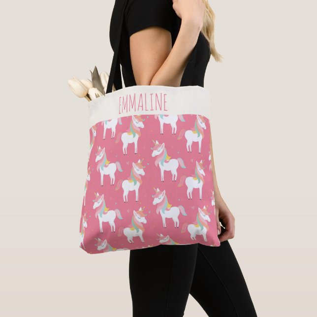 Cute Pink Unicorn Pattern Personalised Tote Bag (Close Up)