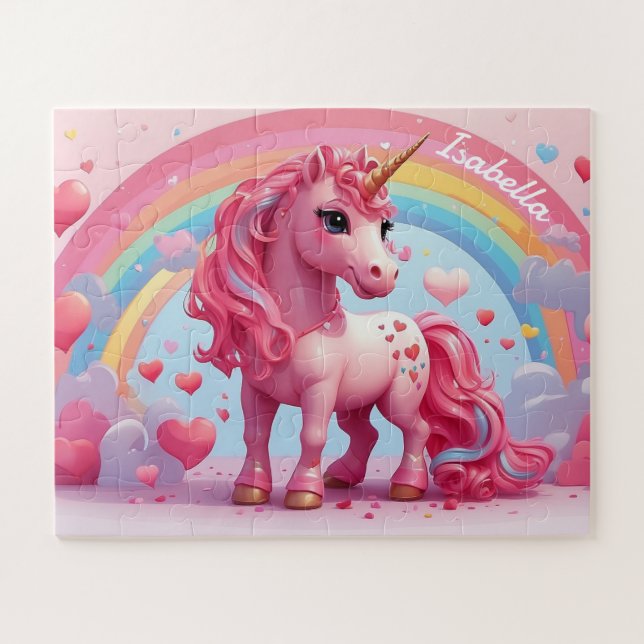 Cute Pink Unicorn Personalised Kids Jigsaw Puzzle (Horizontal)