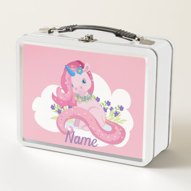 Cute Pink Unicorn Personalised Metal Lunch Box (Front)
