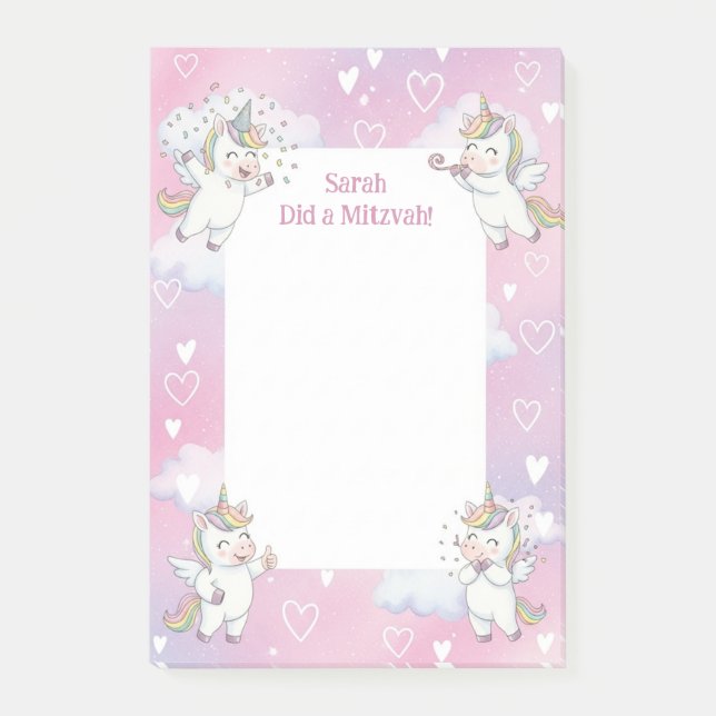 Cute Pink Unicorn Personalised Mitzvah Post-it Notes (Front)