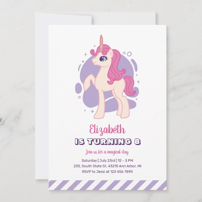 Cute Pink Unicorn Purple Girl Birthday Invitation (Front)