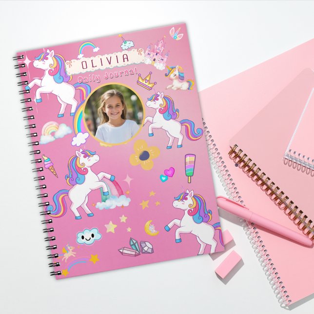 Cute Pink Unicorn Rainbow Custom Name Photo Notebook (Creator Uploaded)