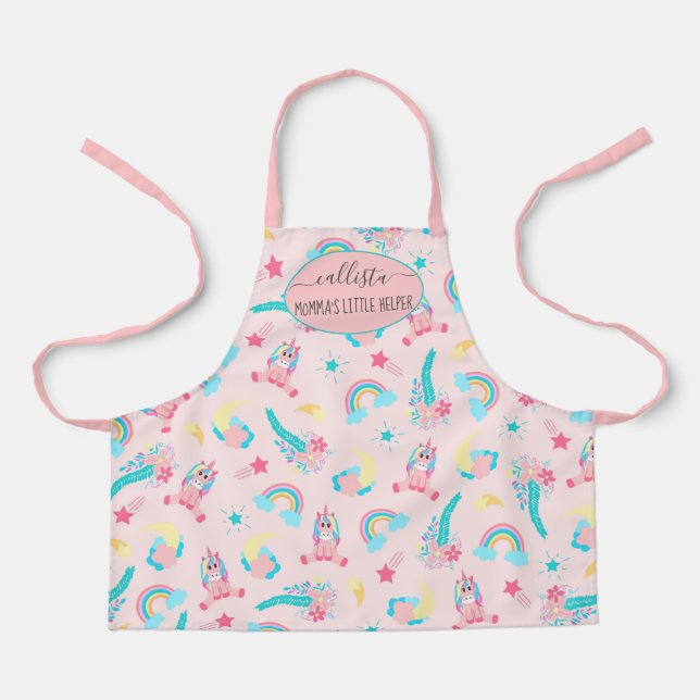 Cute Pink Unicorn Rainbow Floral Stars Name Apron (Front)