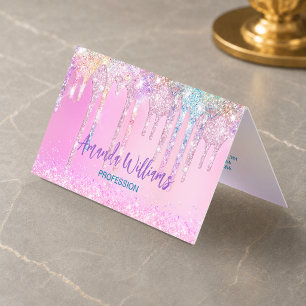 Cute Pink Unicorn Rainbow Glitter Drips Business Card