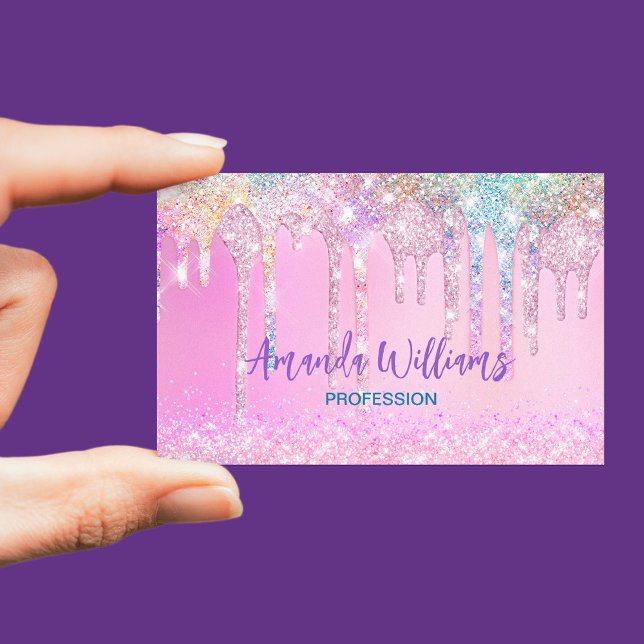 Cute Pink Unicorn Rainbow Glitter Drips Business Card (Creator Uploaded)