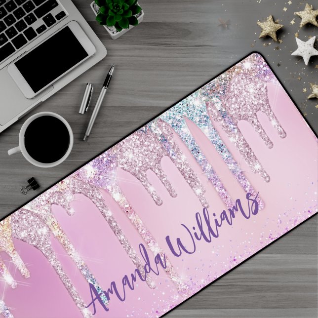 Cute Pink Unicorn Rainbow Glitter Drips Desk Mat (Creator Uploaded)