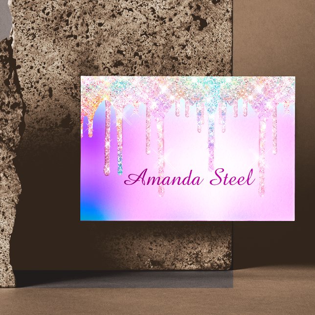 Cute Pink Unicorn Rainbow Glitter Drips monogram B Magnetic Business Card (Creator Uploaded)