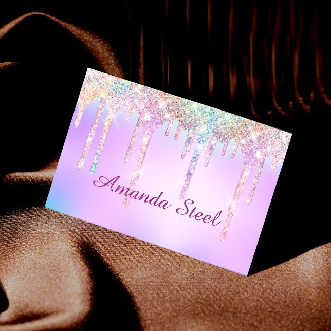 Cute Pink Unicorn Rainbow Glitter Drips monogram  Business Card (Creator Uploaded)