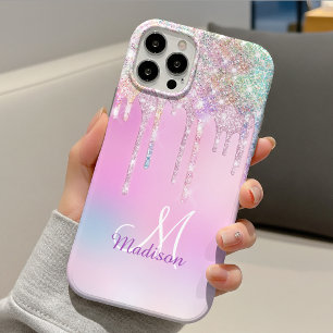Cute Pink Unicorn Rainbow Glitter Drips monogram iPhone 13 Case
