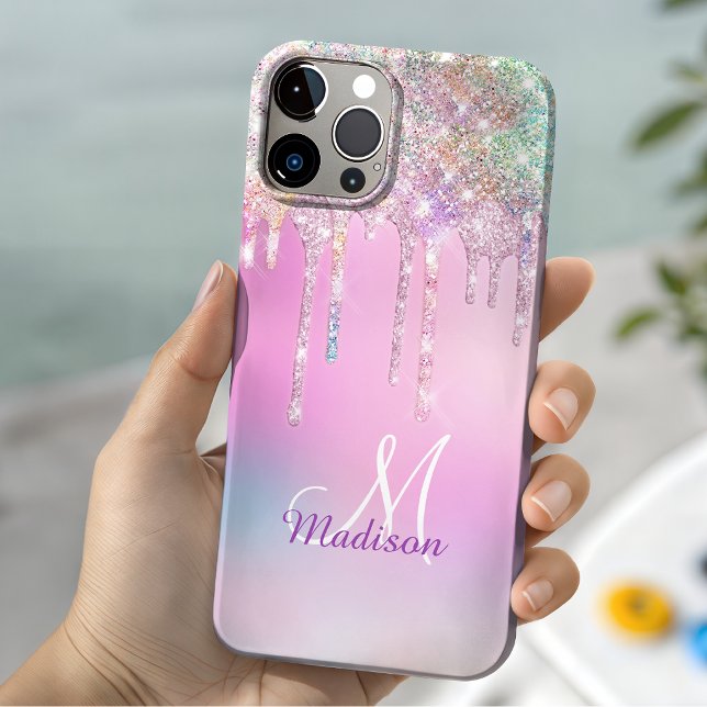 Cute Pink Unicorn Rainbow Glitter Drips monogram  Case-Mate iPhone Case (Creator Uploaded)