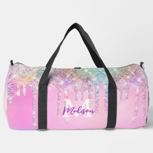 Cute Pink Unicorn Rainbow Glitter Drips monogram  Duffle Bag