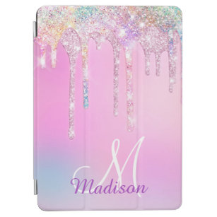 Cute Pink Unicorn Rainbow Glitter Drips monogram i iPad Air Cover