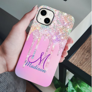 Cute Pink Unicorn Rainbow Glitter Drips monogram iPhone 14 Case