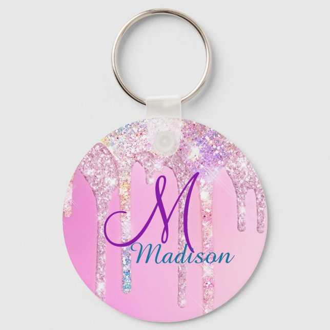 Cute Pink Unicorn Rainbow Glitter Drips monogram Key Ring (Front)