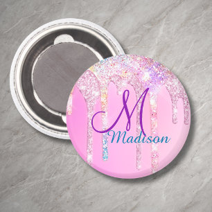 Cute Pink Unicorn Rainbow Glitter Drips monogram Magnet